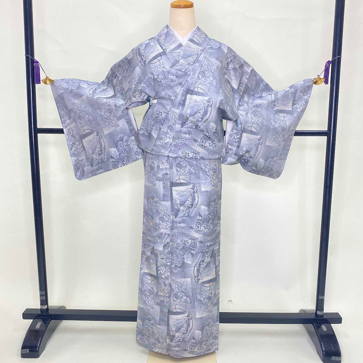 大島紬 紬 短冊柄 証紙付き 白 グレー お洒落着 普段着 正絹 裄65cm