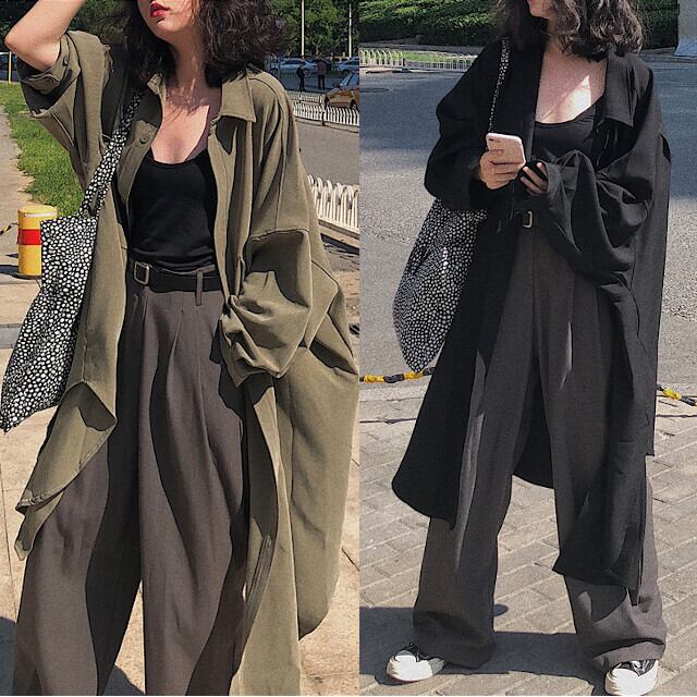 ジャケット コート レディース アウター カジュアル 長袖 ロング丈 ロングコート 羽織り オーバーシルエット ストリート シンプル かっこいい おしゃれ 秋冬 グリーン/ブラック