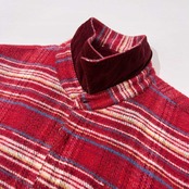 PAPAS パパス 木ボタン コーデュロイ切替 ボーダー 裏チェック 長袖ネルシャツ L/レッド