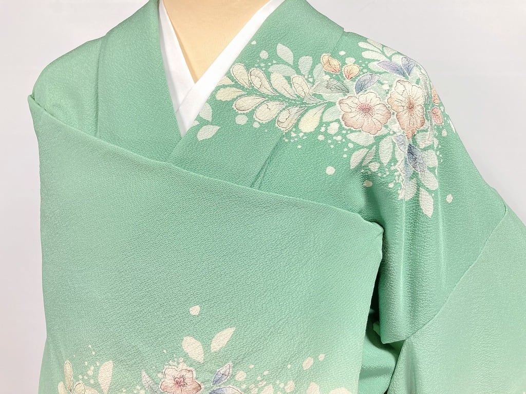 辻が花絞り 訪問着 正絹 黄緑 パステル ミントグリーン 956 | kimono