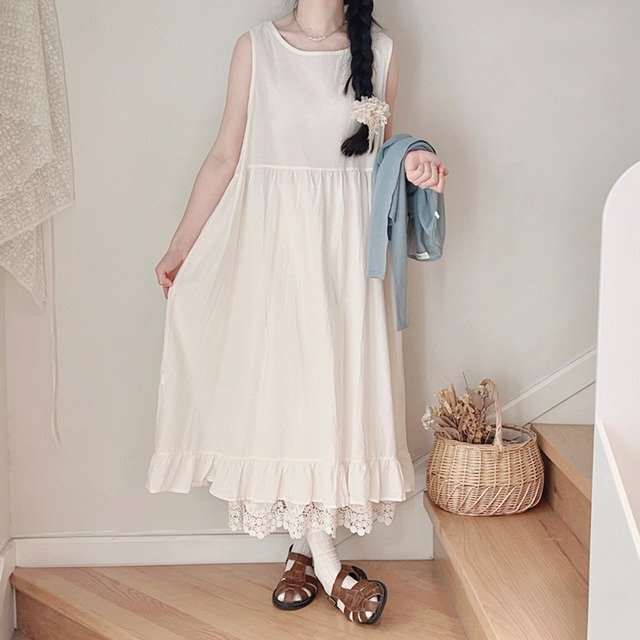 重ね着用裾フリルノースリーブワンピース W0843