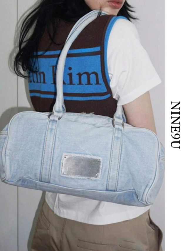 denim casual wide mini-boston-bag【NINE-S7436】