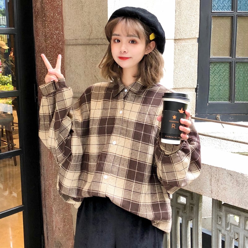 春夏 韓国風 カジュアルファッション チェック柄 Tシャツ トップス 長袖シャツ Macaron