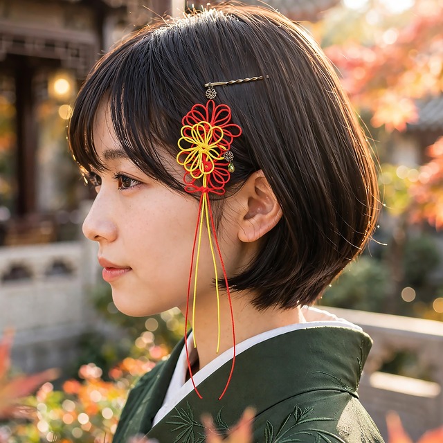 飾り結びヘアピン「香の詩、千々に」（黄×朱）【軽量快適】ショートヘアも簡単和風アレンジ。