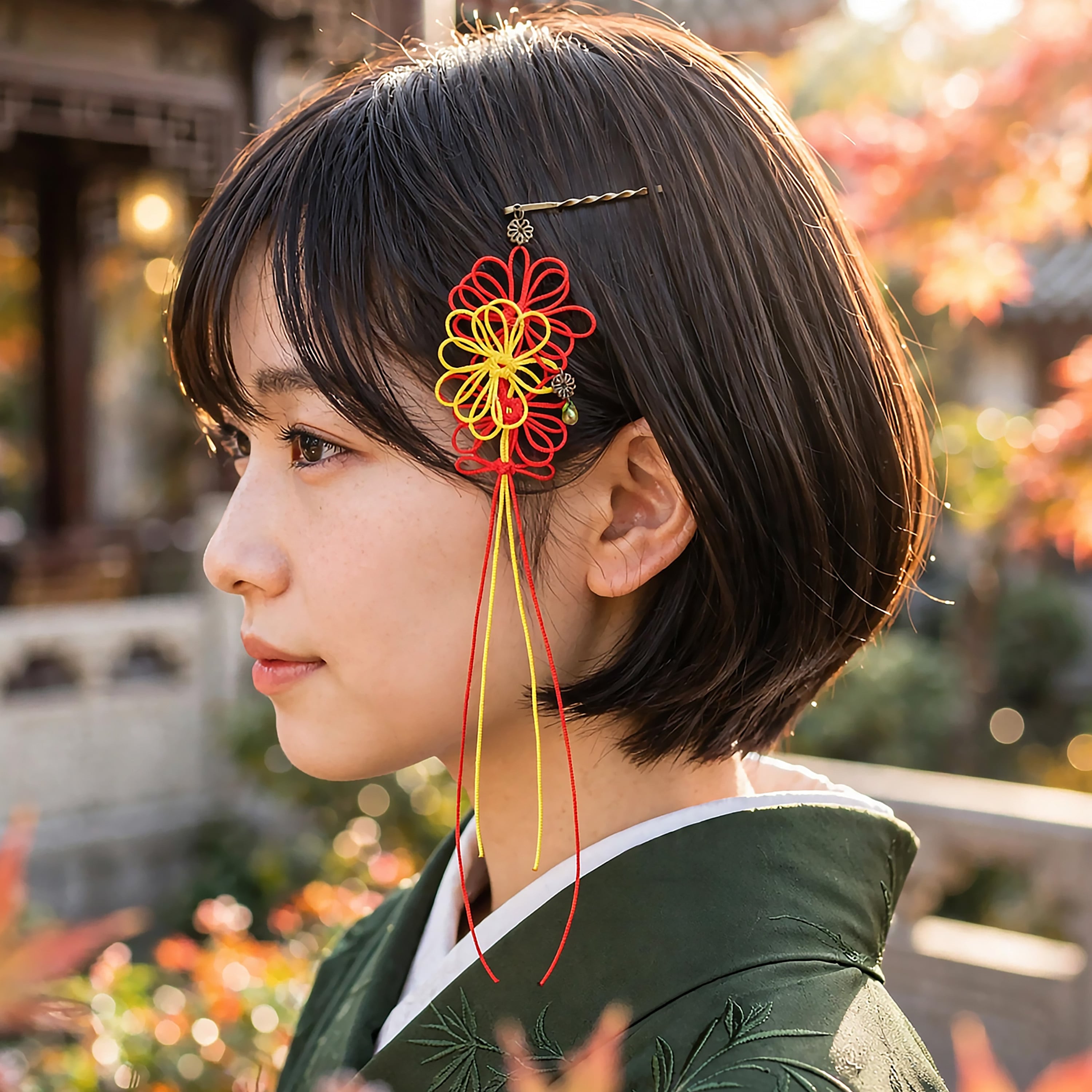 飾り結びヘアピン「香の詩、千々に」(黄×朱)【軽量快適】ショートヘアも簡単和風アレンジ。