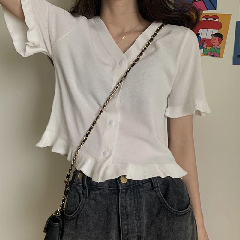 Vネックブラックショートニットトップス サマーTシャツ 夏物 萌量不足91524090022