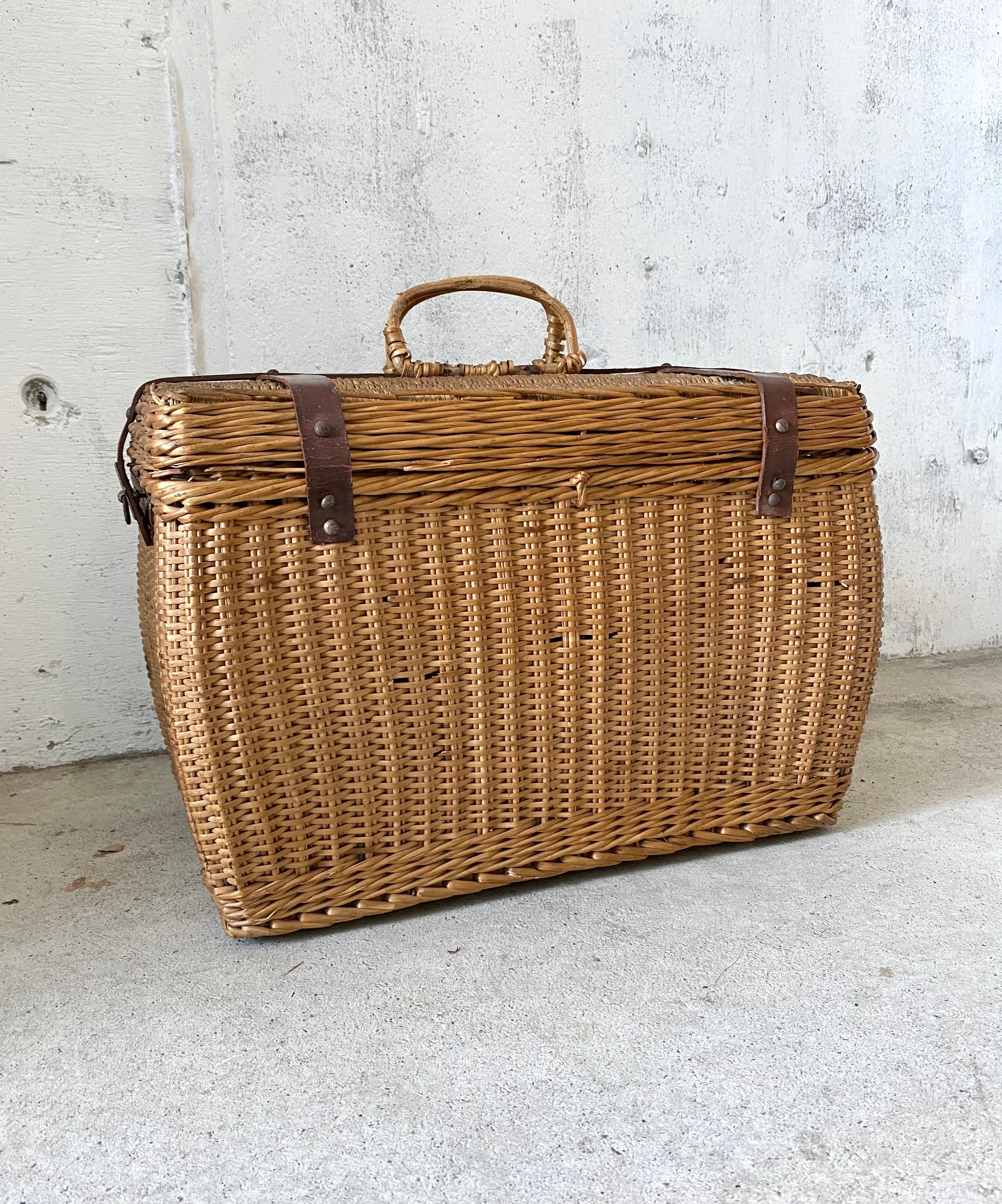 ヴィンテージ希少ラタンバスケット藤トランク旅行鞄レトロアンティーク