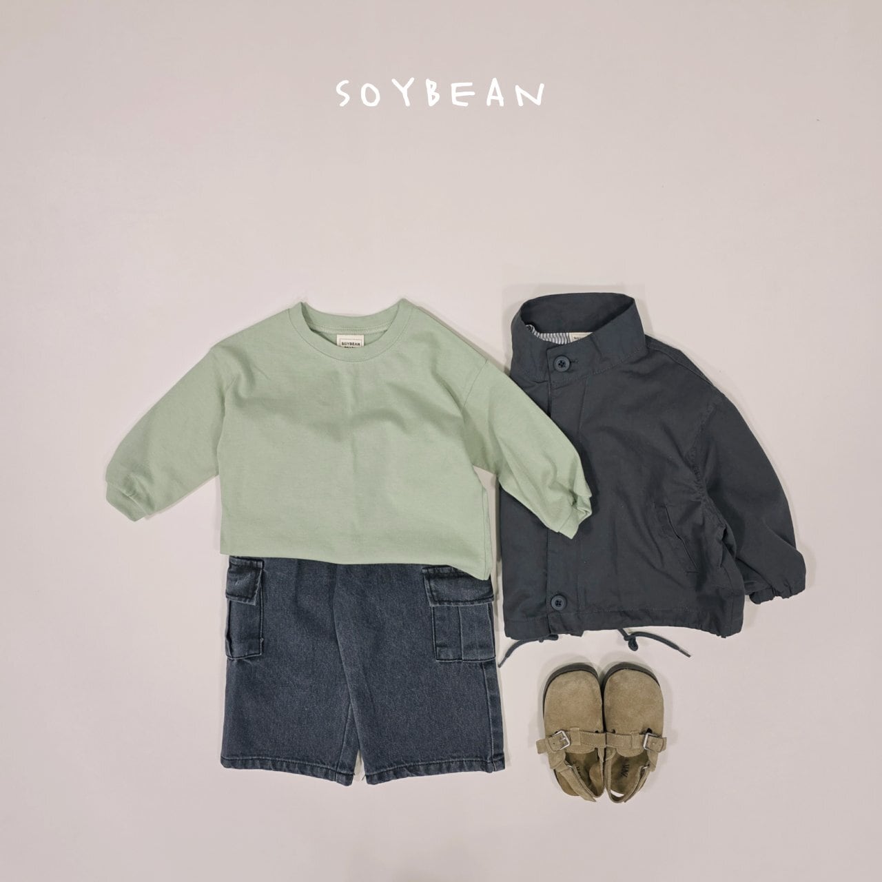 即納◆90-100サイズ-オリーブ 長袖Tシャツ Basic Cotton-soybean