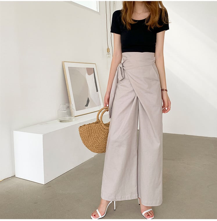 ロングパンツ ワイドパンツ レディースパンツ 普段着 リボン付き ゆったり 体型カバー