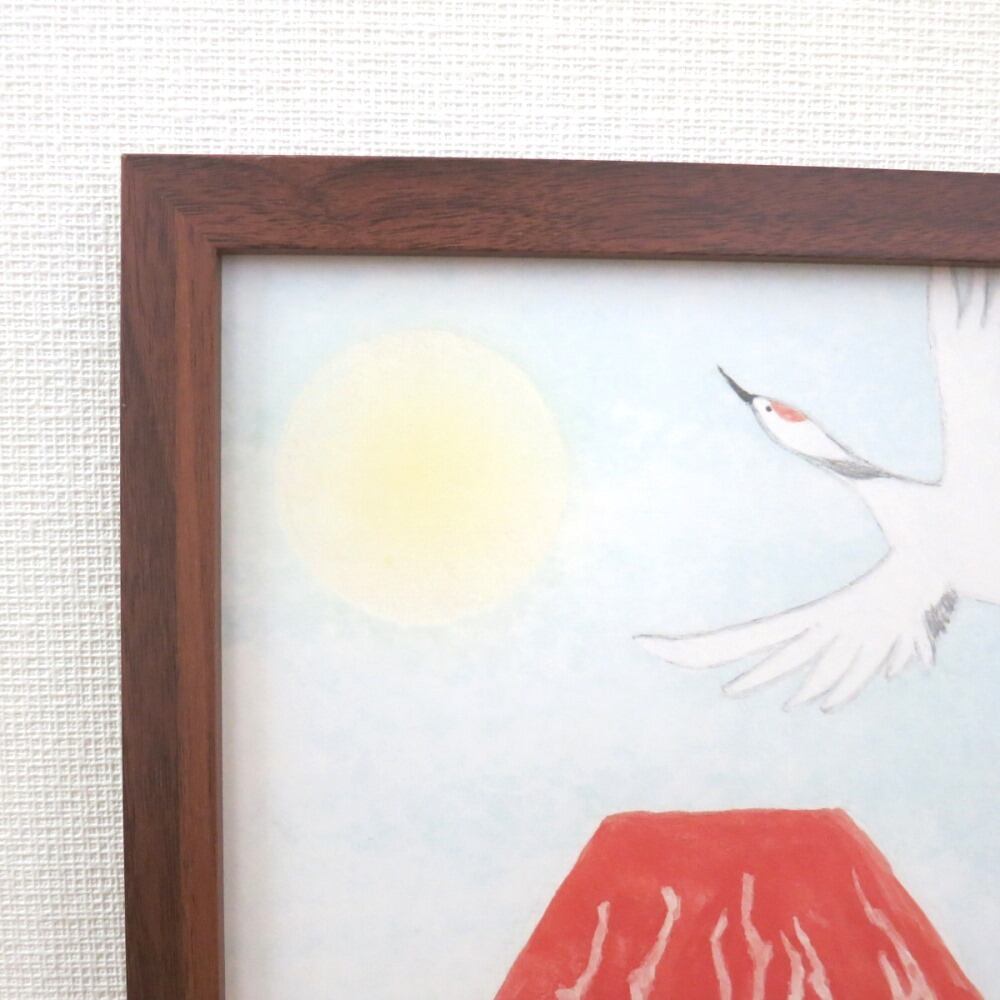 波と赤い太陽の日本画 木製フレーム付き 8f5e9223552ae48a749493628b9bd2