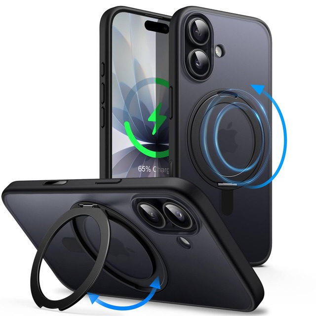 JETech iPhone 17用 360°回転リングスタンドケース (ブラック)