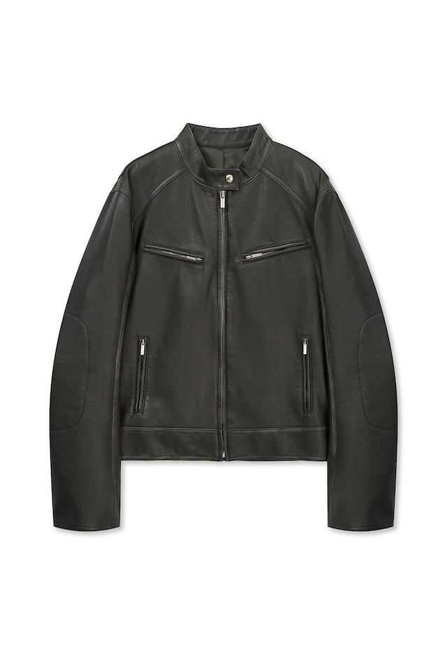 [Matin Kim] WASHED FAUX LEATHER RACER JUMPER IN CHARCOAL 正規品 韓国ブランド 韓国通販 韓国代行 韓国ファッション マーティンキム matinkim 日本 店舗