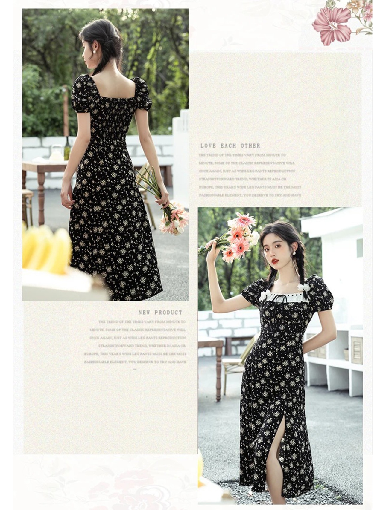 【0020】Small Floral Pattern Black Square Short Sleeve Dress