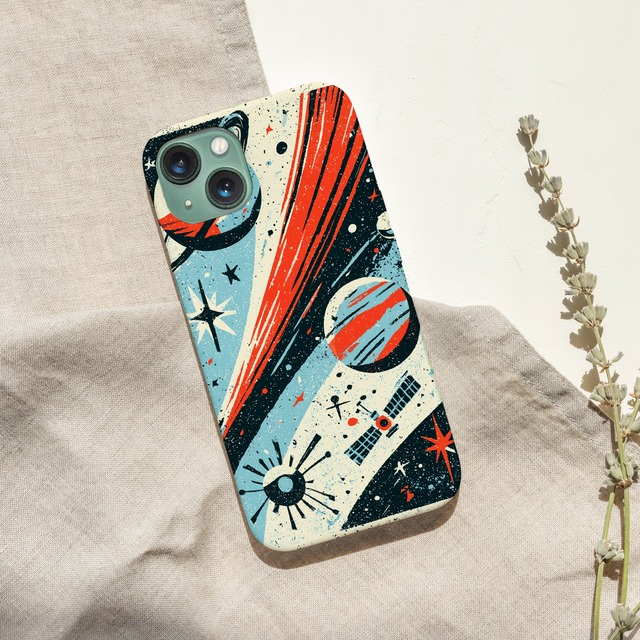 受注生産 iPhoneケース 惑星とロケットのスピードライン｜宇宙ポスター風 RFSP049A