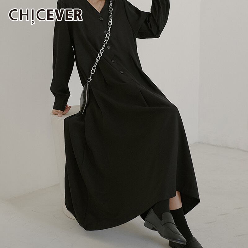 CHICEVERヴィンテージドレスレディースVネック長袖ウエストチュニックルーズオーバーサイズミディドレス2020春服 ロング スプリング 春物 ビンテージ 6base590175801090