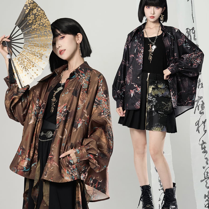 ゴスロリ通販 With U チャイナ風 シャツ 長袖 獅子舞 男女兼用 スタイリッシュ 大人増し 卿棠