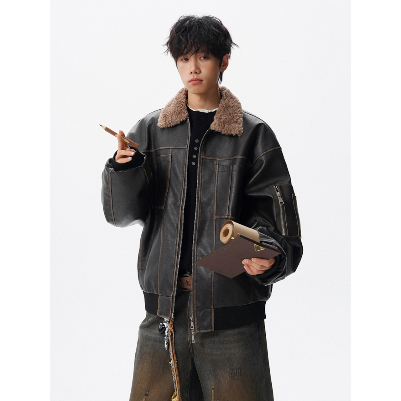 【暖かさUP】ストリート ラペルPUレザー中綿ジャケット T2005
