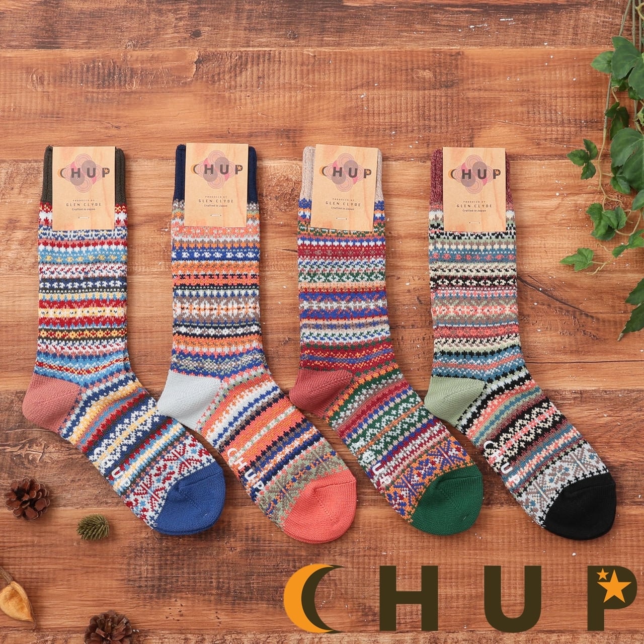 靴下 ハイソックス CHUP チュプ CANDLE NIGHT 冬物 暖かい 綿 快適 おしゃれ 柄物 ギフト プレゼント GLEN CLYDE グレンクライド 日本製 コバルト ライム キャロット テラコッタ Ll111