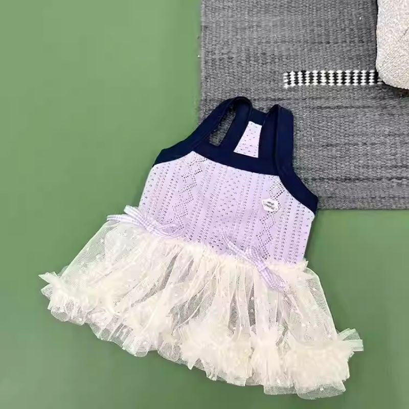 透かし網ニットとチュールスカートのワンピース 犬服 01080