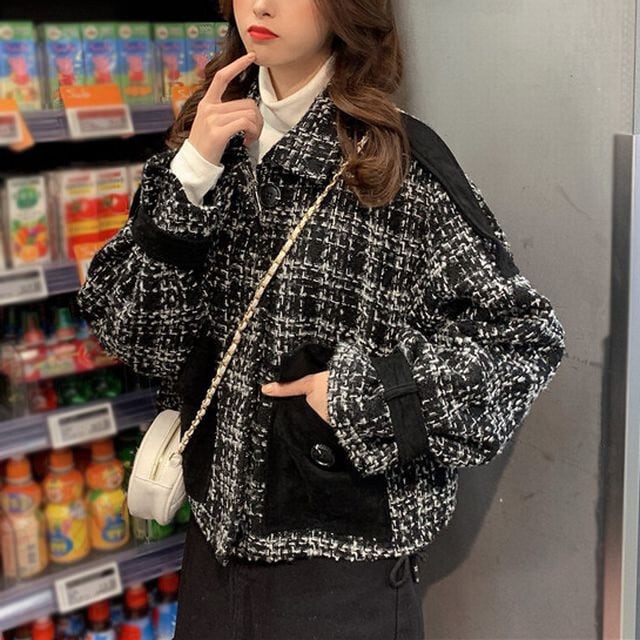 ツイードジャケット 長袖 チェック柄 秋冬 韓国ファッション ツイードジャケット ブルゾン ツイード チェック柄 アウター 異