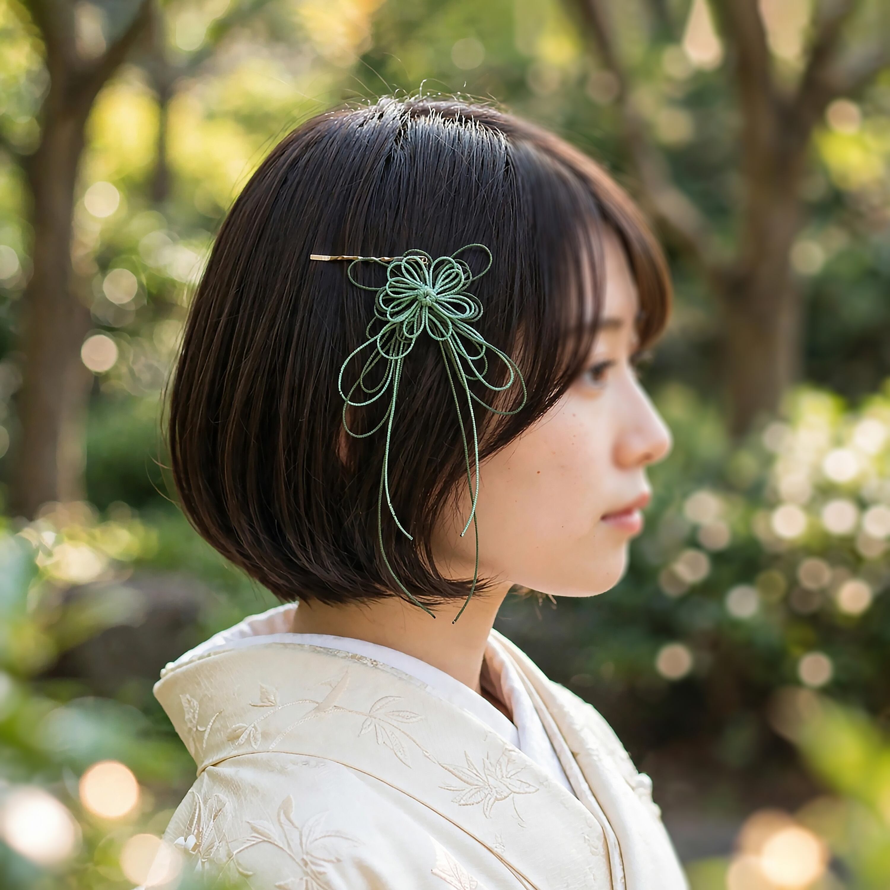飾り結びヘアピン「歩み、おだや」(淡緑×深緑)【軽量快適】ショートヘアも簡単和風アレンジ。