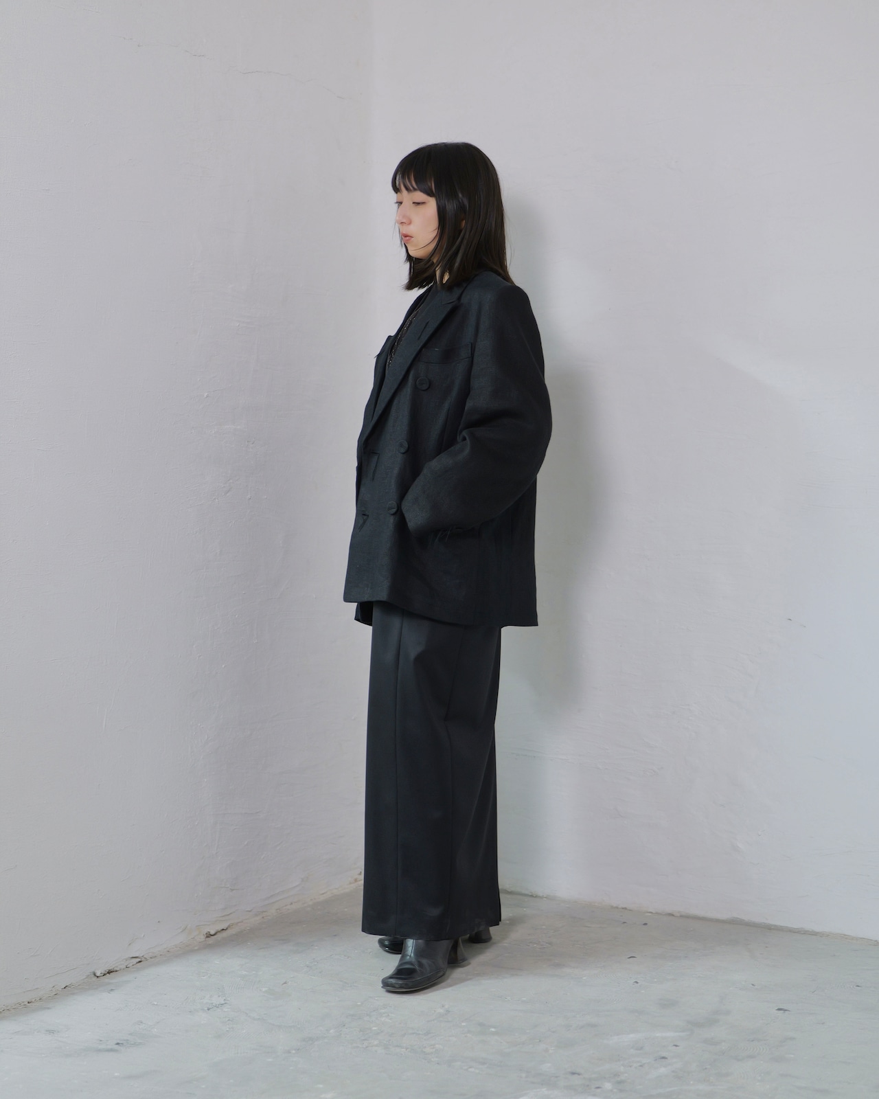 i’m here - GRANDPA Linen Jacket :Black|ダブルブレスト/立体3面ドッキング/“だまし絵”の前立て