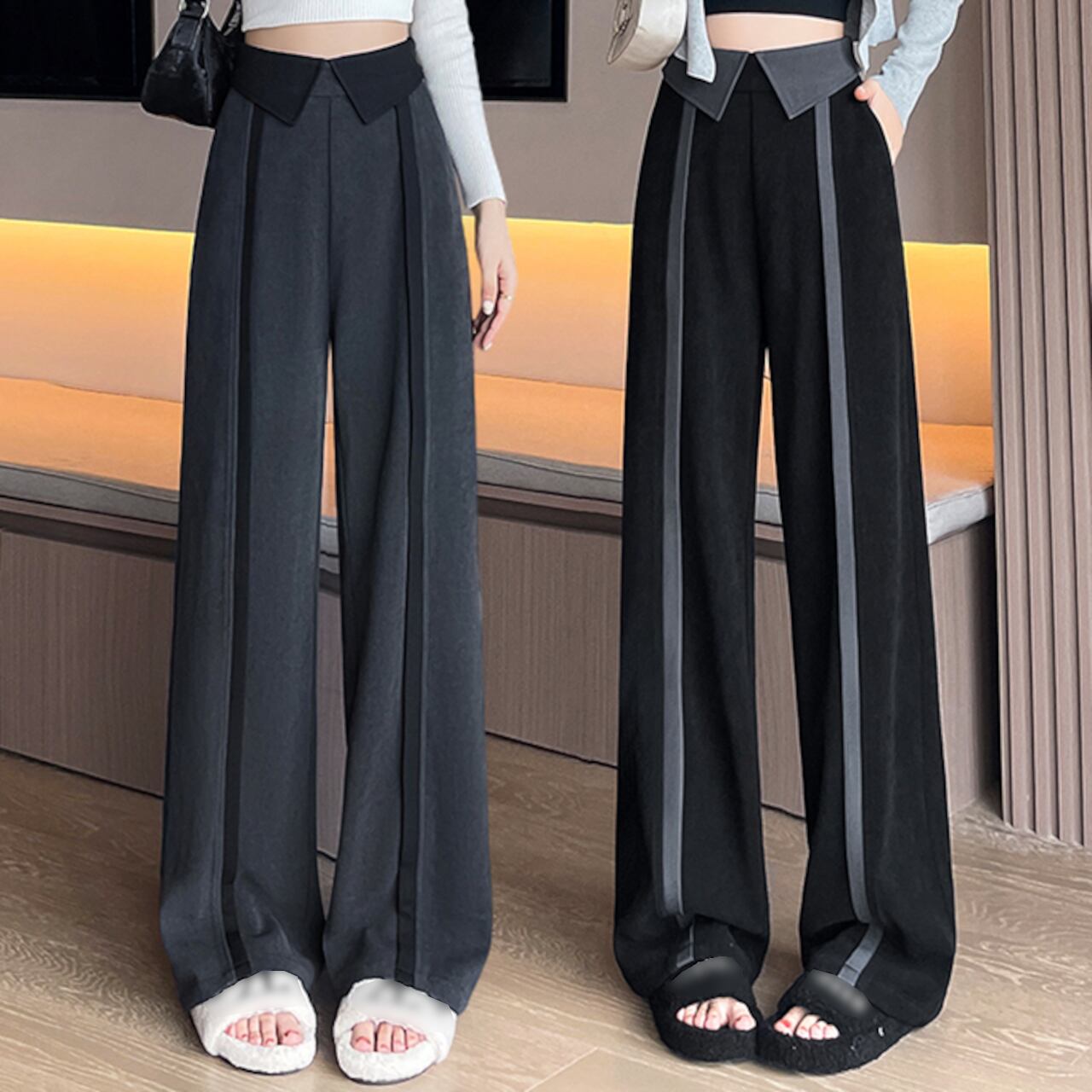 ハイウエストカラーウエストラインパンツ A0203