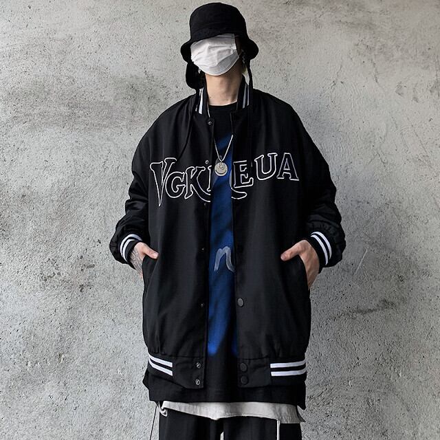 ブルゾン メンズ スタジャン アウター オーバーシルエット かっこいい ロゴ ブラック/ホワイト M/L/XL/2XL