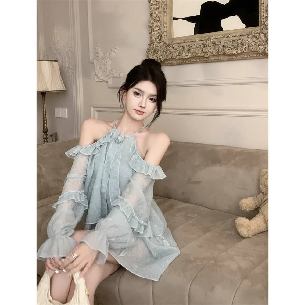 女性用シルクシフォンブラウス,長袖,裸の肩,十分なフリルトップ 女性用シルクシフォンブラウス,長袖,裸の肩,十分なフリルトップ