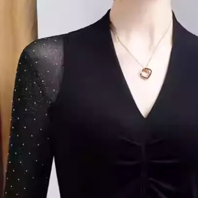 Vネック ロングスリーブ ドット シースルースリーブ トップス  ds1447