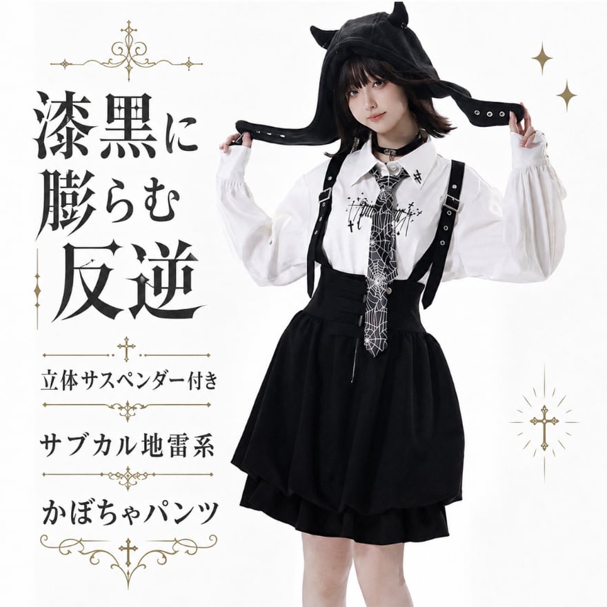 漆黒に膨らむ反逆 立体サスペンダー付きサブカル地雷系かぼちゃパンツ