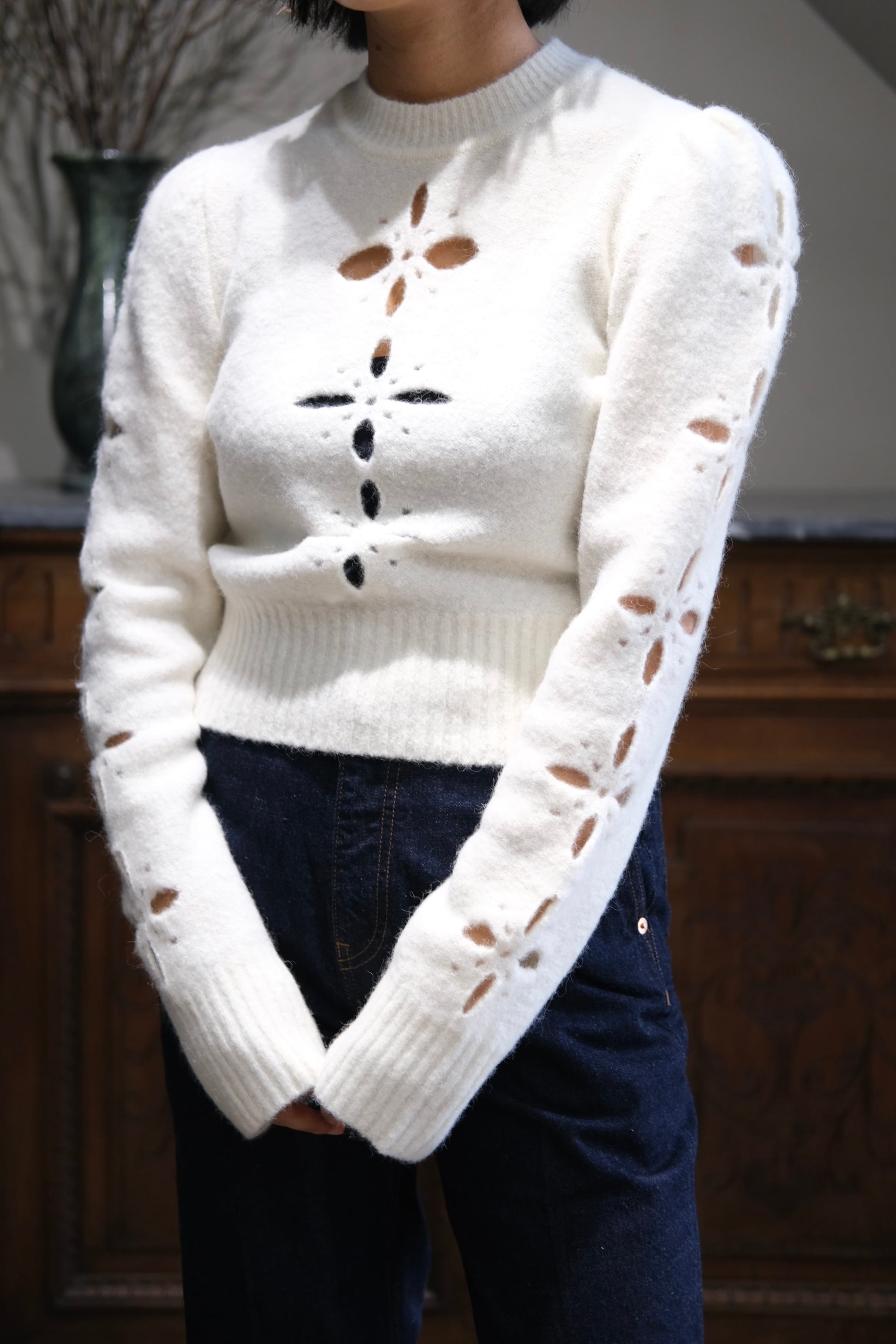 FETICO】FLORAL SLIT KNIT JUMPER - off white - | loop FETICO】FLORAL SLIT KNIT JUMPER - off white - | loop