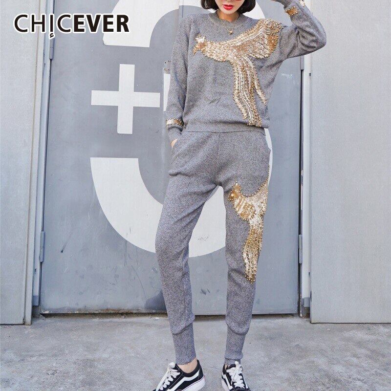 CHICEVERスパンコールビーズセット女性Oネック長袖パールトップスウエストワイドレッグパンツルーズセット ロング ワイドパンツ 真珠 6base565363263553
