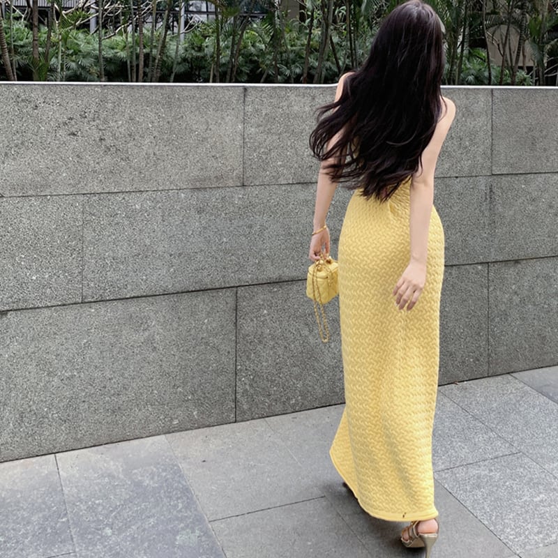 ワンピース セクシー ニット エレガント ロング丈 吊りワンピース