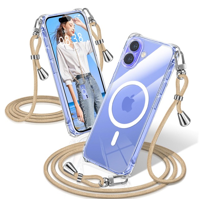 XIOYATY iPhone 16 Plus 対応 ケース クリア ショルダー MagSafe対応 TPU 肩掛けストラップ付き 四隅衝撃吸収設計