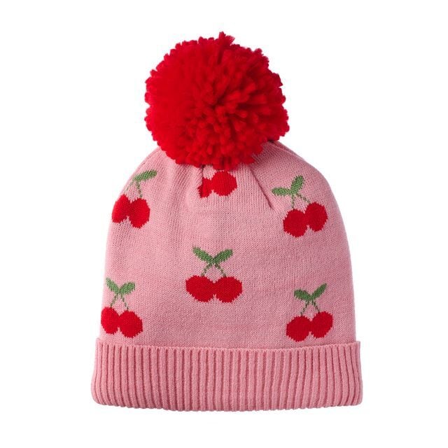 T2488R-2-Cheerful Cherry Knitted Hat 7-10 Years-RED