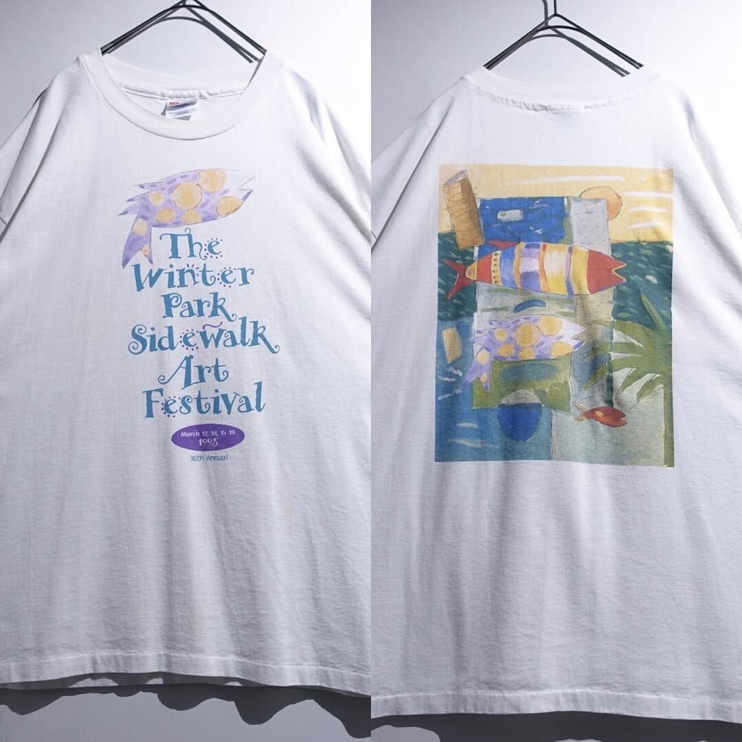 90s "Hanes" White Art Festival Print Design T-Shirt