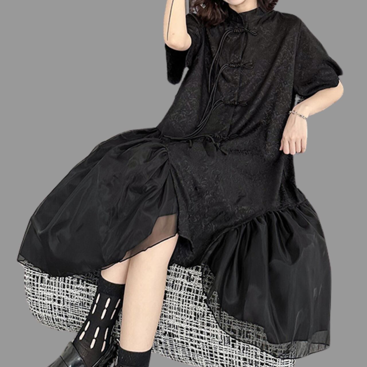 ジャカードバットスリーブドレス R0297