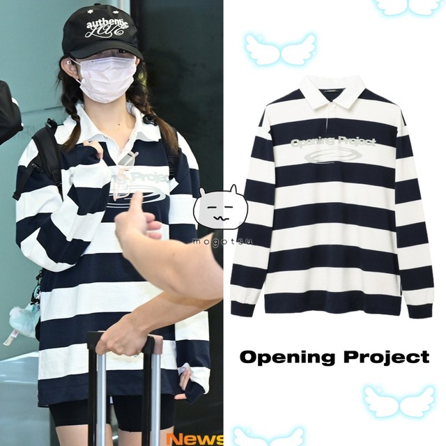 条件付き数量限定トレカ付き！★IVE レイ 着用！！【OPENING PROJECT】Identity Stripe Collar T shirt