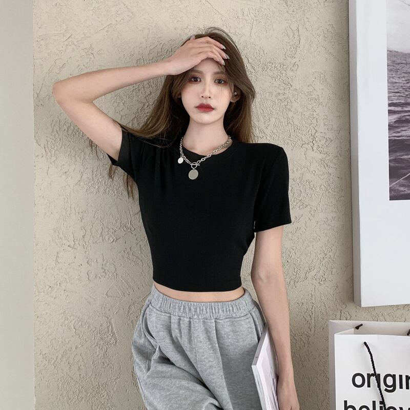 Tシャツ シャツ サマーラウンドネックショートフィットスリムブラック 夏物 Oネック ブラックストロベリース64999561983