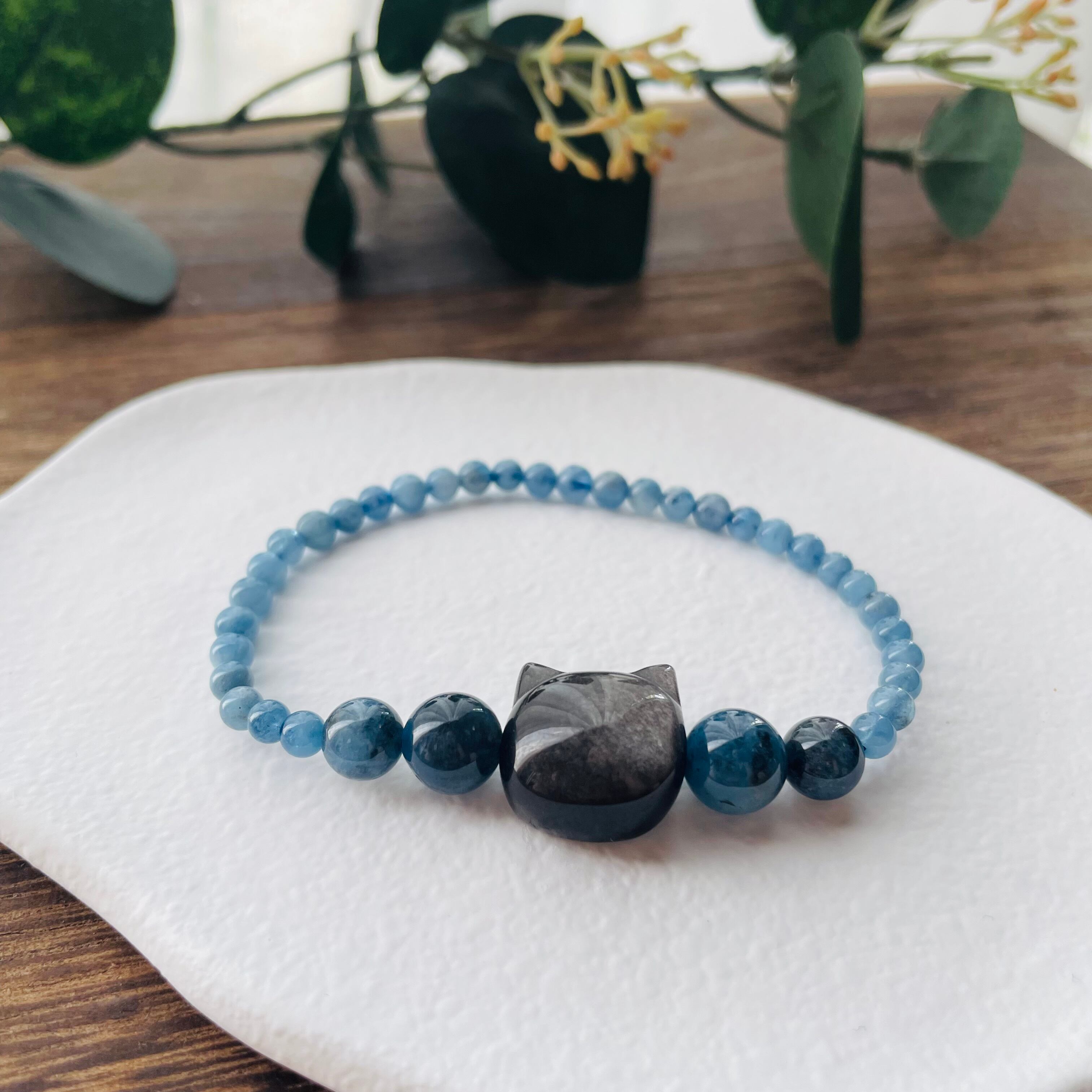 4318-④猫×パワーストーン|ブレスレット|浄化・人間関係| 猫雑貨 猫モチーフ 猫グッズ アクセサリー 天然石 3月誕生石 プレゼント ギフト レディース