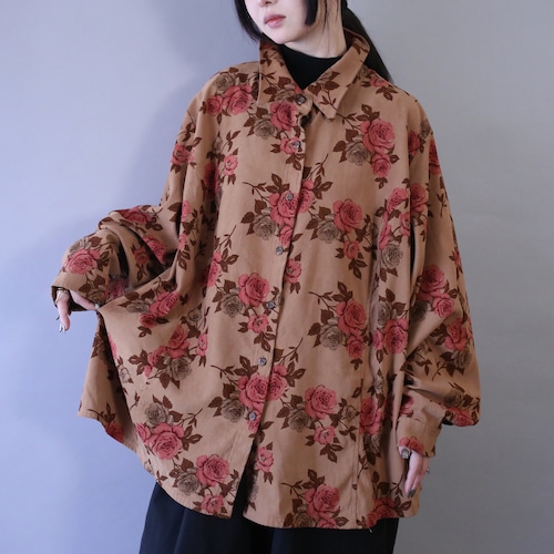 flower full pattern modern coloring over wide silhouette fake suede shirt jacket