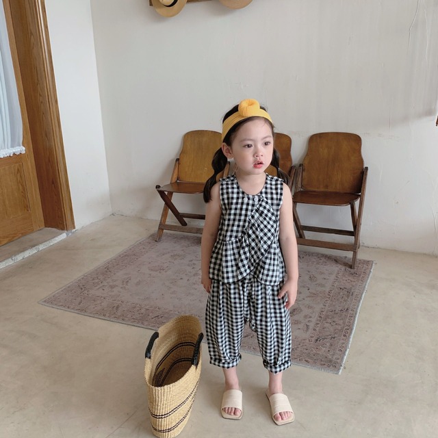 セットアップ パンツ ノースリーブ ギンガムチェック チェック柄 ツーピース 女の子 春 夏 子供 キッズ ジュニア 人気 おすすめ かわいい 可愛い おしゃれ オシャレ プレゼント 贈り物 ギフト 韓国 韓国子供服 80 90 100 110 1 130 140 1歳 2歳