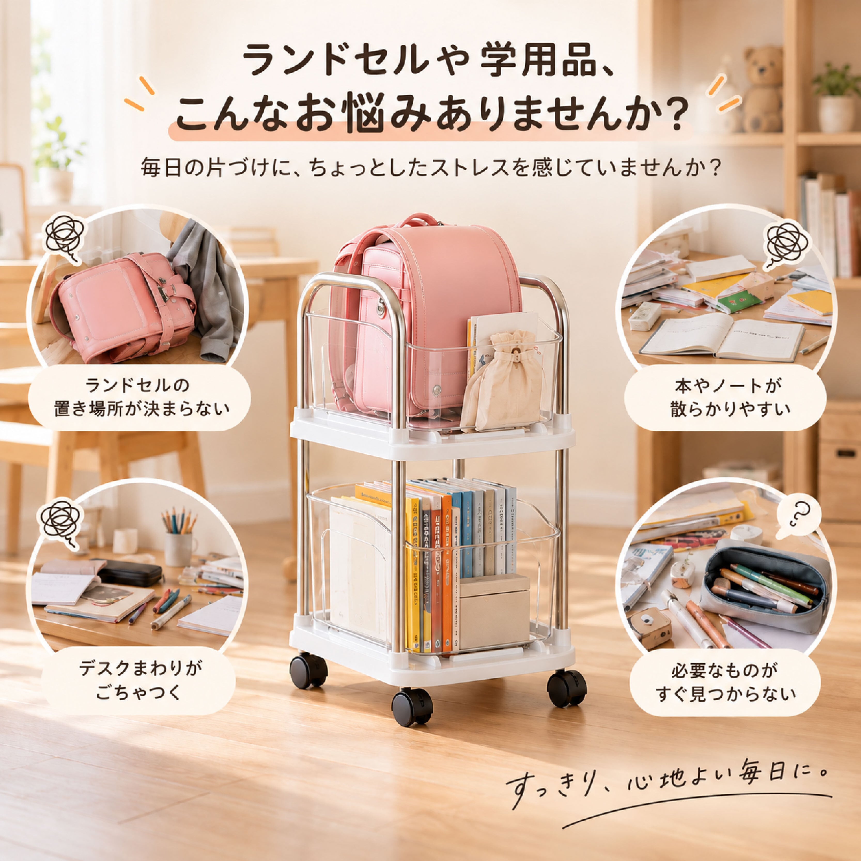 HY 1268 .ランドセルラック 収納ワゴン 2段 キャスター付き ランドセル