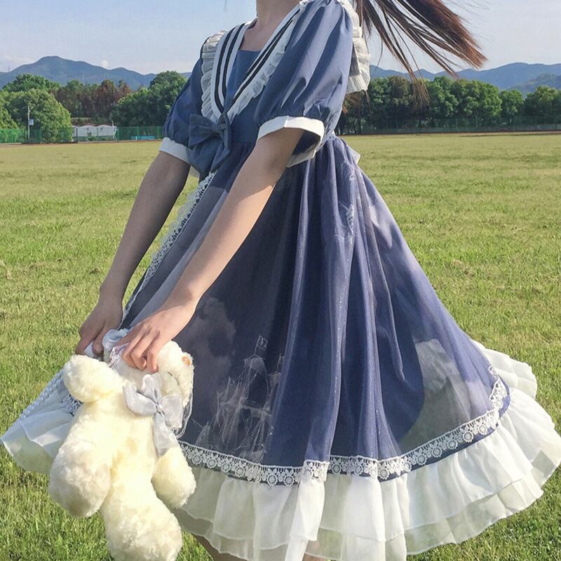 スカート サマー薄手ネイビーカラールーズロングドレス 大人ガーリー スウィート キュート カジュアル 夏物 萌量不足56318429195