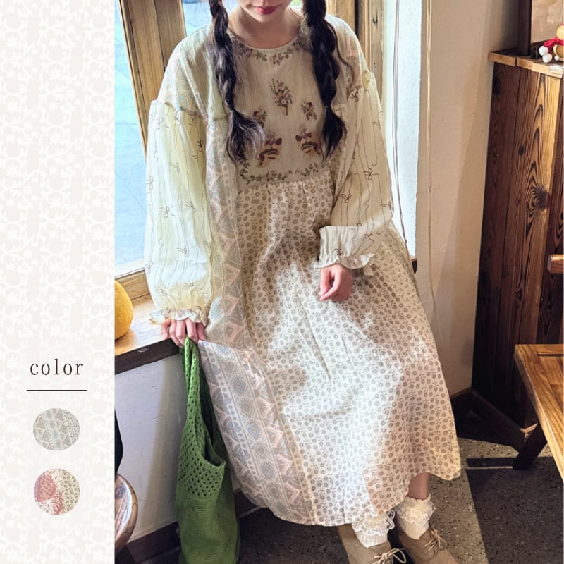 フラワー刺繍パッチワークワンピース W2000