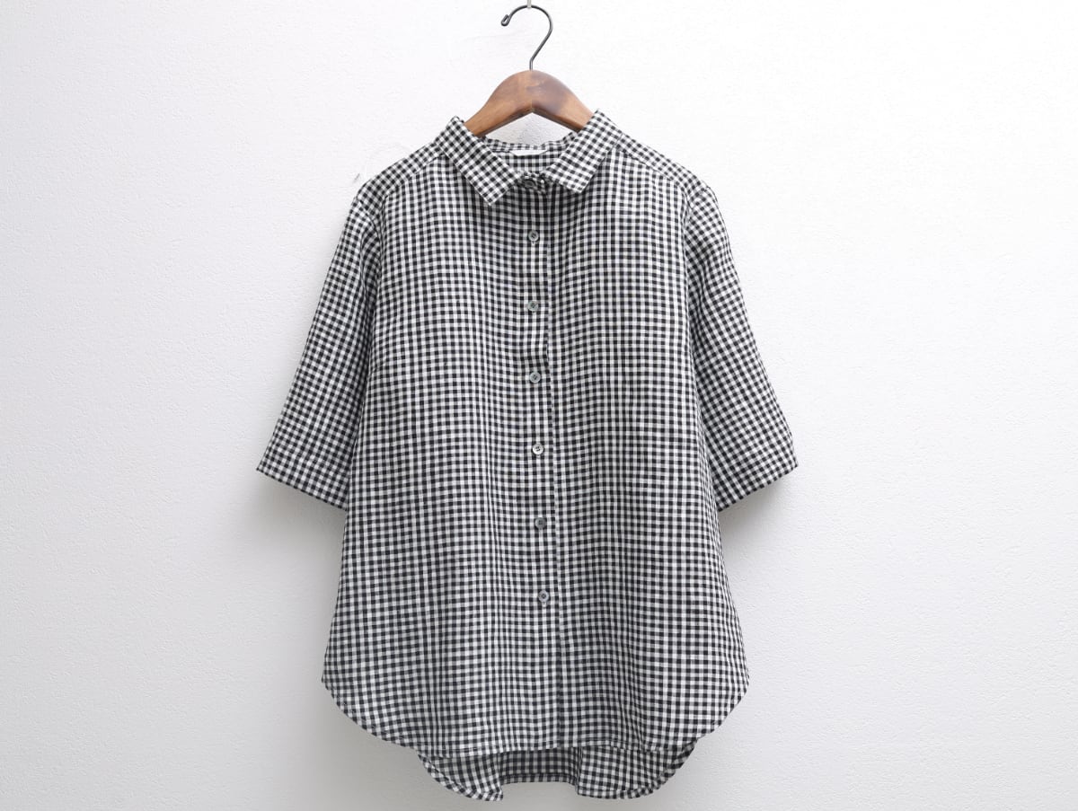 白黒リネンギンガム五分袖ミドル丈シャツ COL/白×黒