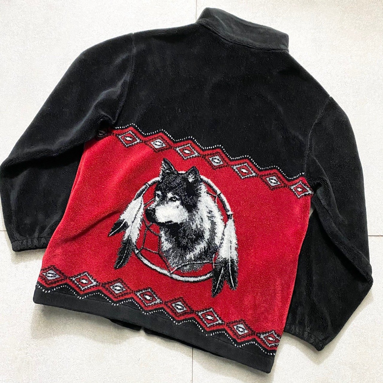 old black×red native pattern fleece jacket “wolf”