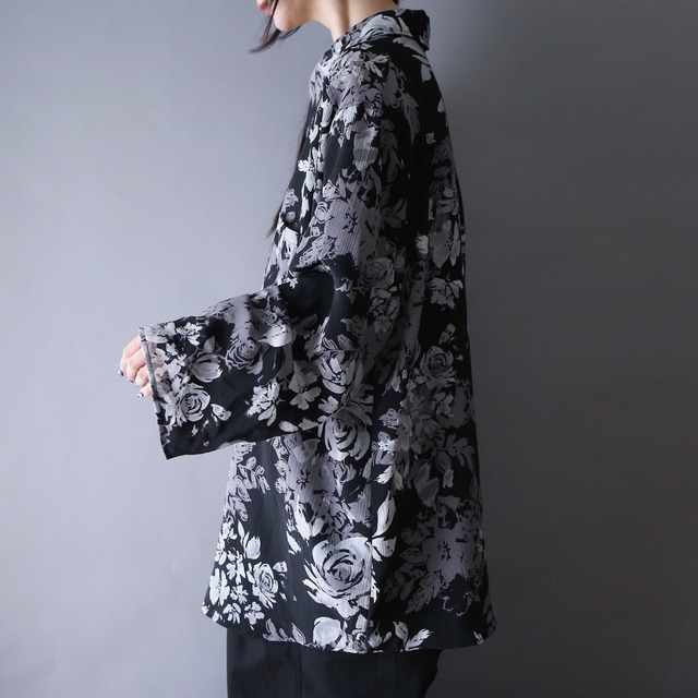 "墨絵" flower art full pattern wrinkle fabric XXXX over silhouette shirt