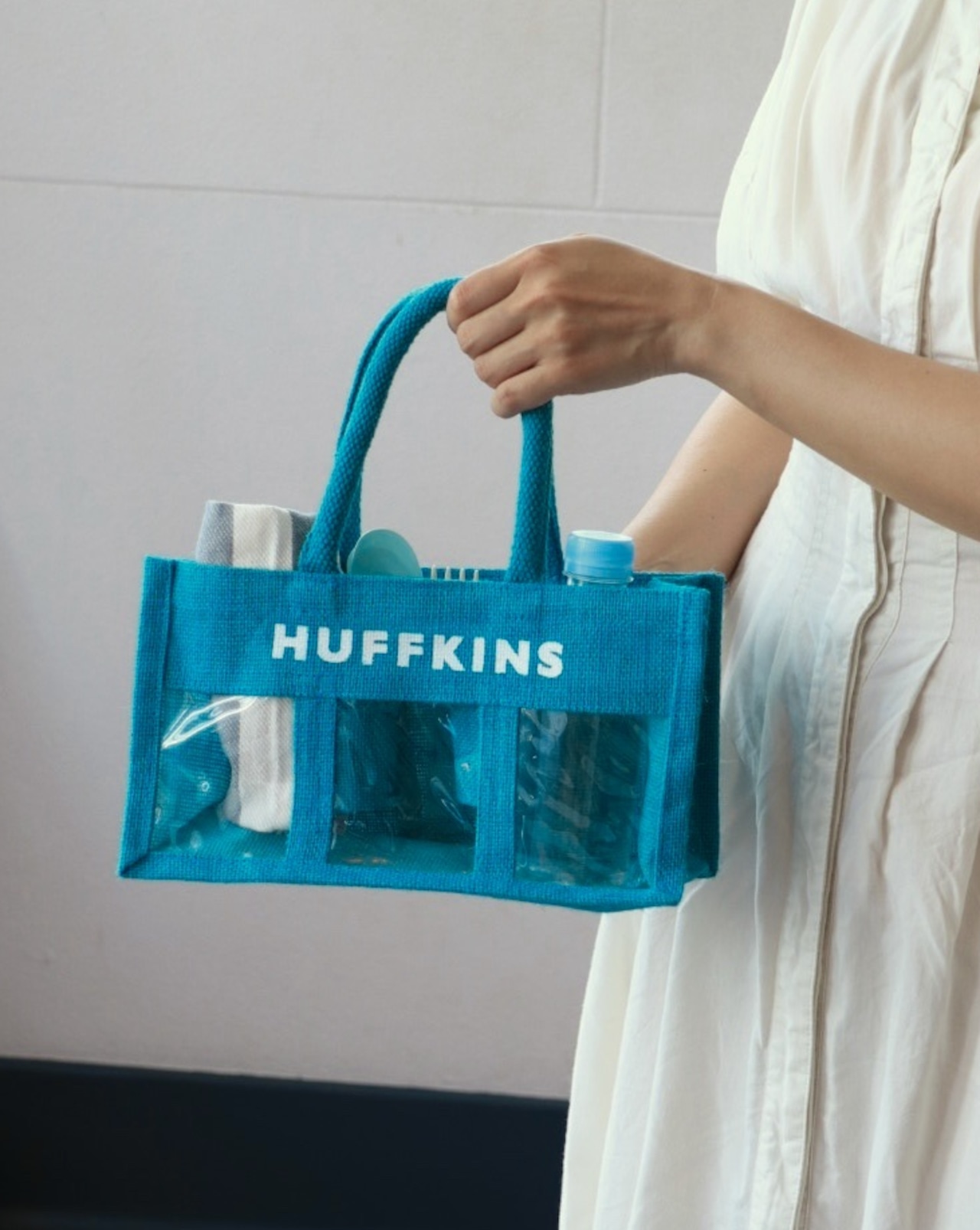 HUFFKINS ハフキンス⭐︎ジュートバッグ<ピクニックバッグ>ターコイズブルー ハフキンス】ジュートバッグ<ピクニックバッグ>(エコバッグ